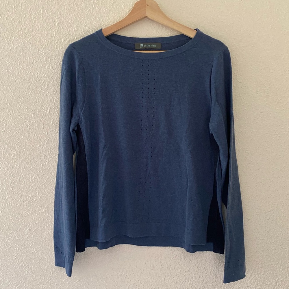 Title Nine Women's Slack Tide Merino Wool Blend Blue Crew Neck Sweater